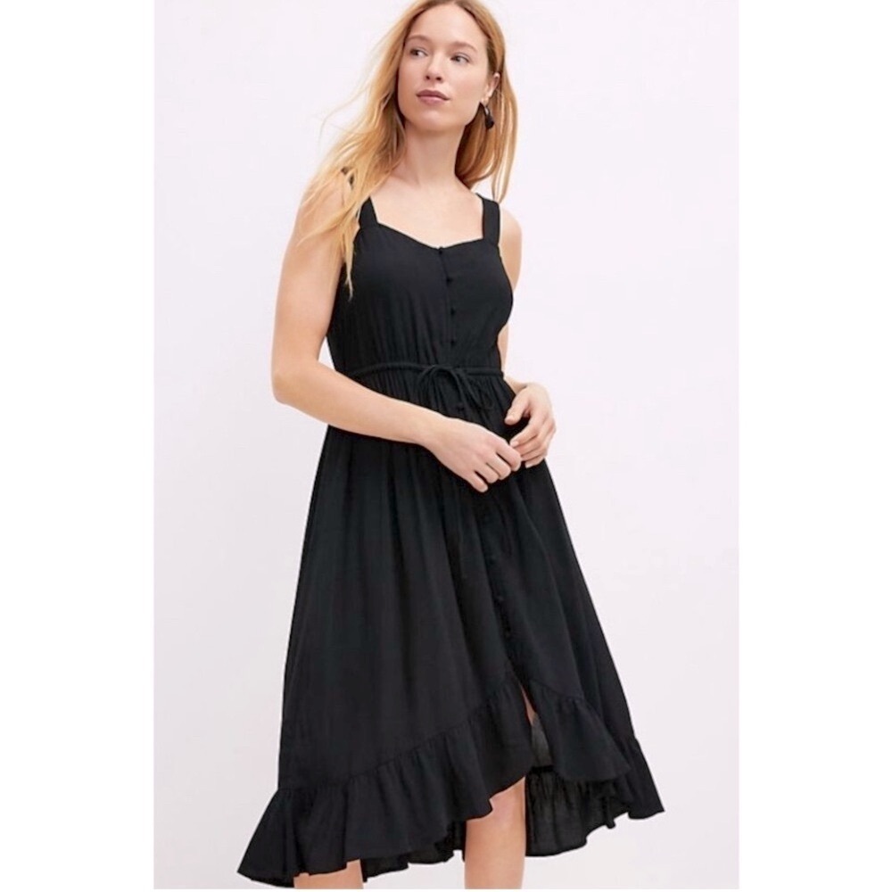 LOFT Ruffle Dress Hi Low Midi Black Button Sundress Size 0